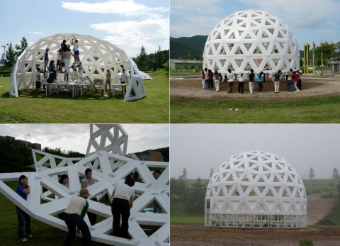 디자인탐구전에 참가하는 한기대 디자인공학과 학생들의 돔(Dorm) 형태의 대형 설치조형물 제작과정