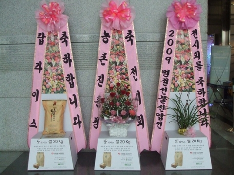 농촌진흥청의 최고급쌀 브랜드인 탑라이스로 구성된 탑라이스쌀화환 축하쌀3단,축하꽃3단,축하난3단