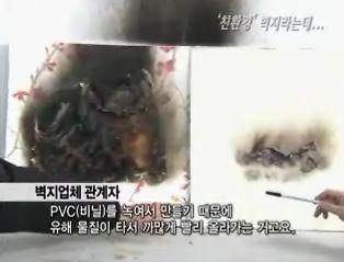 ▲KBS1TV 취재파일을 통해 방영된 환경마크 제품과 HB마크 제품의 육안확인 비료실험 (HB마크 제품은 유해물질이 타서 까맣게 올라가고 있다)