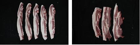 사진 2. 유사삼겹살 : 갈비살이 포함된 앞다리살(좌), 앞다리살(우)