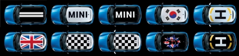 MINI 스페셜 에디션에서 선보이는 다양한 루프탑 디자인들. 기본으로 제공되는 스트라이프 외에  대한민국 국기, 영국 국기, MINI 50주년 기념 로고, 헬기 착륙장  등 개성 