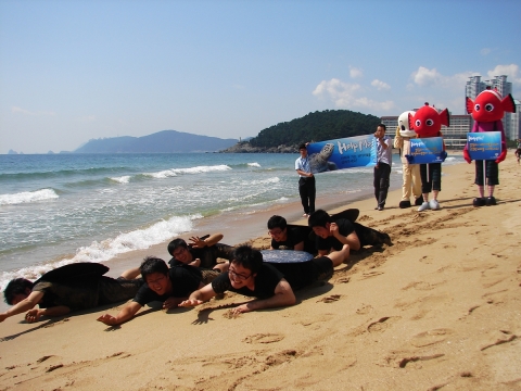 17일, 해운대 해수욕장에서 부산아쿠아리움 관계자들이 바다거북 보호를 위한 이색 퍼포먼스를 펼치고 있다.