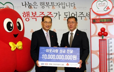 현대차 정의선 부회장이 2일 서울 중구 사회복지공동모금회를 방문, 연말을 맞아 어려운 이웃을 돕는데 써 달라며 그룹 임직원 명의로 이웃사랑 성금 100억 원을 사회복지공동모금회 윤
