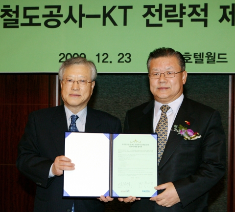 이석채 KT 회장(사진 왼쪽)과 허준영 한국철도공사 사장(사진 오른쪽)이 양사 간 전략적 제휴를 체결하고 있음.