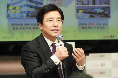 이상훈 KT 기업고객부문 사장이 27일 광화문 KT 아트홀에서 열린 기자간담회에서 기업 시장을 위한 '스마트(S.M.ART) 사업전략'을 발표하고 있다.
