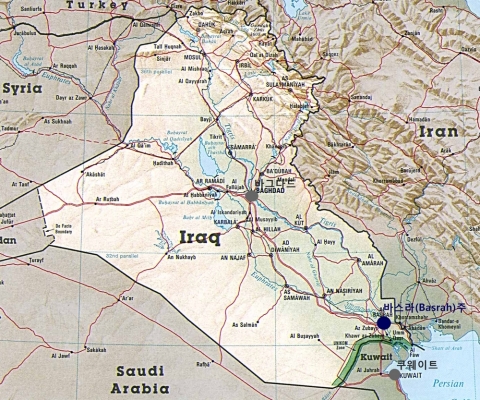 바스라(Basrah) 지역이 표시되어 있는 이라크 지도