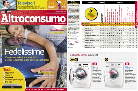 LG 드럼세탁기(모델명:F1047TD)가 이태리 알트로콘수모(Altroconsumo)誌가 실시한 성능평가에서 1위를 차지했다. 사진은 알트로콘수모誌 2월호에 게재된 드럼세탁기 성능