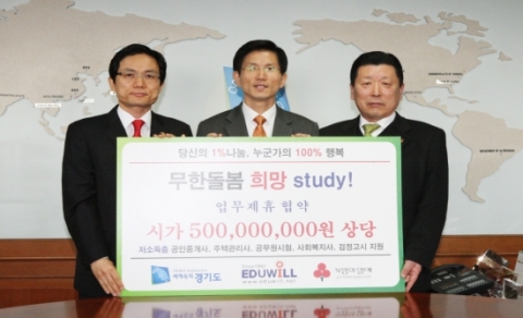 무한돌봄 희망 study 업무협약 체결식이 24일 오전 경기도 도지사 집무실에서 열렸다. 왼쪽부터 양형남 에듀윌 대표, 김문수 경기도지사, 신창기 경기도사회복지공동모금회 회장
