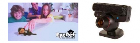 ‘EyePet’의 게임장면과 동작인식용 PS3 카메라인 PlayStation Eye