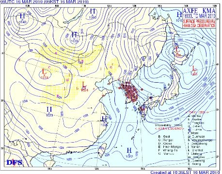 황사관측지점(빨간색), 2010. 3.16. 09시