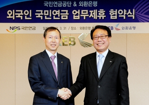 3.31일 외환은행 본점에서 외환은행 박용덕 부행장(왼쪽)과 국민연금공단 김상순 업무이사(오른쪽)와 ‘외국인 국민연금 업무제휴 협약식’을 체결후 기념촬영을 하고 있다