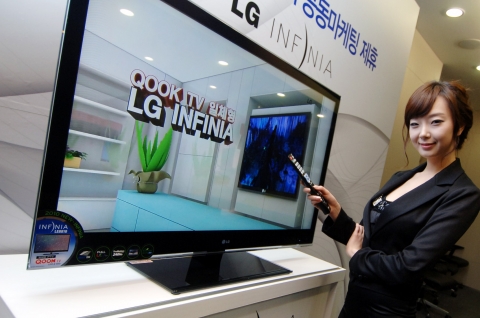모델이  'QOOK TV 일체형 LG INFINIA'  앞에서 포즈를 취하고 있다.