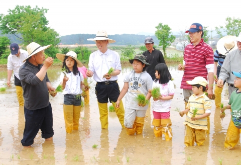 5월 29일(토) 류광희 아시아나항공 여객본부장(좌측 세번째)과 아시아나 임직원 및 가족들이 자매결연을 맺은 강원도 홍천군 외삼포 2리에서 모내기 봉사활동을 펼치고 있다.