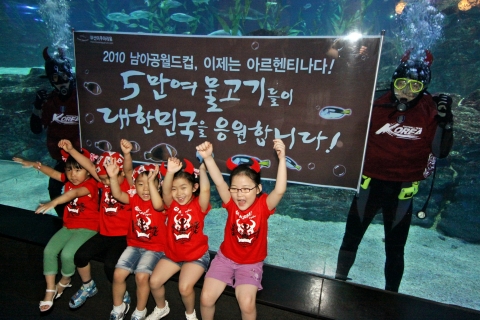 16일 부산아쿠아리움에서 붉은 악마들이 수중 응원카드를 펼치며 아르헨티나전 승리를 기원하고 있다.