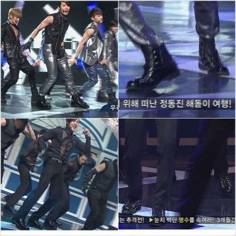 MBC 쇼!음악중심. SS501 러브야 무대에서 슈즈바이런칭엠 트레킹부츠를 신고 화려한 군무를 선보이고 있다. 동일 구두를 신은 슈퍼주니어 동해