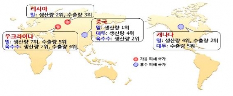 2010년 여름 주요 곡물 수출국의 기상재해 현황
곡물 생산 및 수출 순위는 2009/2010년 곡물연도 기준
자료: USDA, PSD Online.