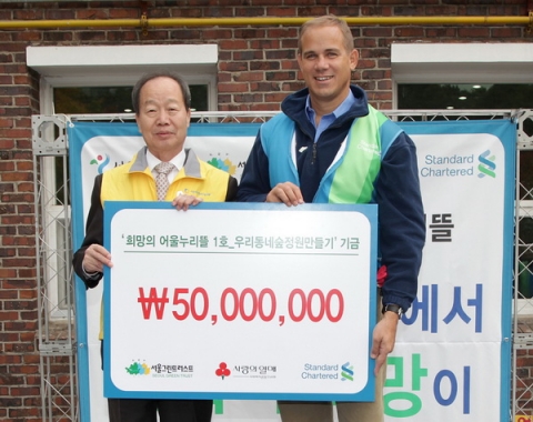 한국스탠다드차타드금융지주 및 SC제일은행 등 자회사 임직원 120명이 27일, (재)서울그린트러스트와 함께 서울시립지적장애인복지관에서 친환경 커뮤니티 가든 ‘어울누리뜰’ 조성 작업