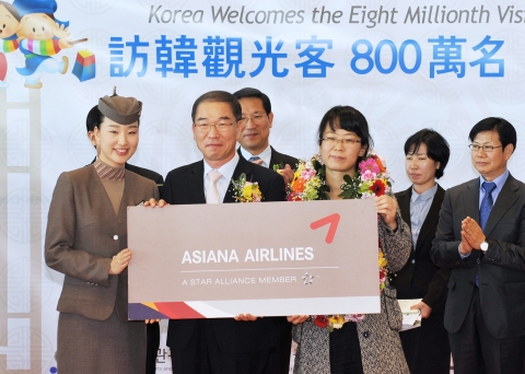 29일 인천국제공항 1층 입국장에서 개최한 <방한관광객 800만명 달성> 기념행사에서 아시아나항공 류광희 여객본부장(앞열 가운데)이 아시아나 승무원과 함께 800만번째로