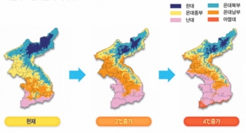 ▲지구온난화에 따른 우리나라의 기후식생도 변화