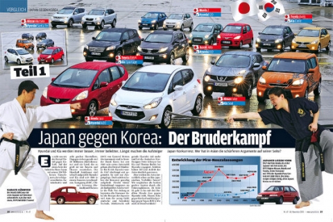 현대•기아자동차는 독일 최고 권위의 자동차 전문잡지인 ‘아우토빌트(AutoBild)誌’가 11월末부터 12월初까지 2회에 걸쳐 연재한 “한국 對 일본 숙명의 결투(Korea VS