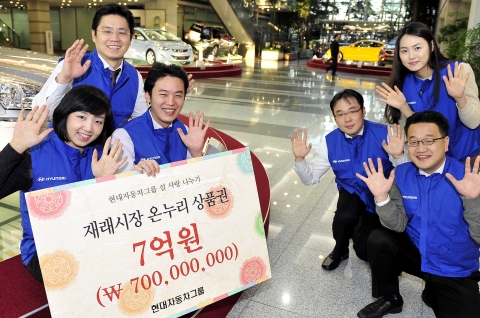 현대자동차그룹(회장 정몽구)은 설날을 맞아 총 7억 원어치의 재래시장 상품권을 구입해 다문화가정, 독거노인, 소년소녀 가장 등 전국의 소외가정과 복지시설에 전달한다고 12일(수) 