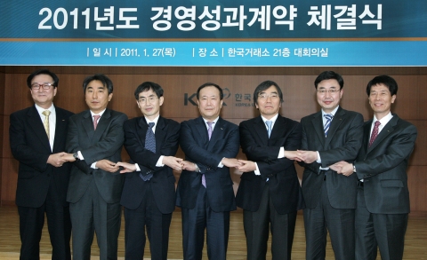 (왼쪽부터) 진수형 파생상품시장본부장, 이창호 유가증권시장본부장, 이철환 시장감시위원장, 김봉수 한국거래소 이사장, 윤석헌 선임 비상임이사, 박종길 경영지원본부장, 박상조 코스닥시장본부장