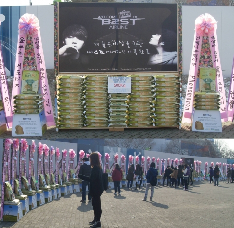 올림픽공원 체조경기장 앞 광장을 가득 메운 아이돌그룹 비스트 앵콜콘서트 응원 드리미 쌀오브제 쌀화환