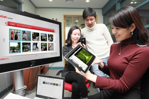 유클라우드 서비스를 통해 멀티미디어 파일을 스마트폰 및 아이패드에 이어 IPTV에서도 자유롭게 활용할 수 있는 N-Screen 서비스를 시연해 보이고 있다.