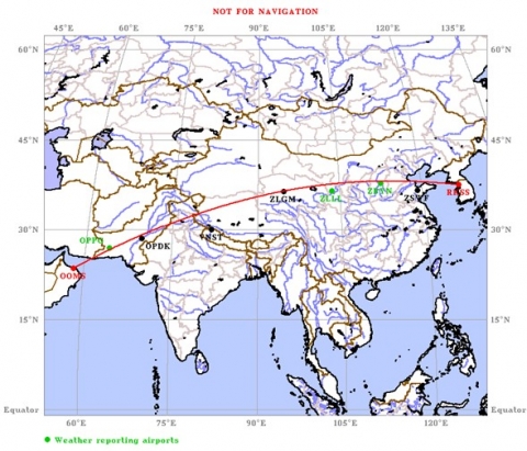 Route between RKSS (Seoul) and OOMS (Muscat) Distance along great circle: 4096.4 statute miles, 3559.7 nautical miles, 6592.5 kilometers Initial true great circle heading: 277.5 degrees (west) Flight time at 450 knots: 7 hours 54 minutes