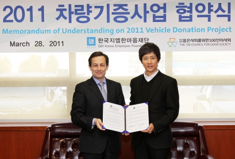 한국지엠한마음재단이 사단법인 좋은 사회를 위한 100인 이사회와 함께 차량 기증을 위한 업무 협약식을 가졌다. 28일, 한국지엠 부평본사 홍보관에서 마이크 아카몬(Mike Arcamone) 사장과 100인 이사회 최수종(탤런트) 이사장이 쉐보레 스파크(Chevrolet Spark) 앞에서 기념 촬영을 하고 있다.
