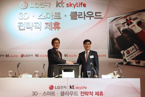 LG전자와 디지털위성방송 KT스카이라이프는 6일 중구 소공동 소재 롯데호텔에서 LG전자 권희원 HE사업본부장과 KT스카이라이프 이몽룡 사장이 참석한 가운데 공동 기자간담회를 갖고, 3D 콘텐츠·차세대 수신기·클라우드 서비스 등 포괄적인 분야에서의 전략적 제휴를 발표하고, 양해각서(MOU)를 체결했다.(왼쪽부터 KT스카이라이프 이몽룡 사장, LG전자 권희원 HE사업본부장 순임)