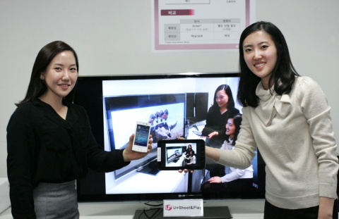 LG U+가 와이파이와 이동통신망을 이용해 스마트 폰과 스마트 TV, PC, 태블릿 PC 등의 기기에서 멀티미디어 콘텐츠를 어디서나 끊김없이 이용할 수 있는 무선 N 스크린 서비스 ‘U+ Shoot & Play’를 출시했다. 사진은 스마트TV와 태블릿PC, 스마트폰에서 PC에 저장된 콘텐츠를 무선으로 시청하고 있는 모습.