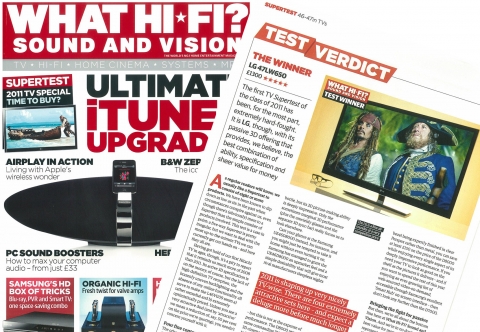 영국에서 발행하는 세계 최고 홈엔터테인먼트 전문지「What Hi-Fi! Sound and Vision 」5월호에 LG전자 시네마 3D TV(모델명:47LW650)가 최고 평점인 별 5개를 받고 ‘테스트 승리자(Test Winner)’로 선정된 기사
