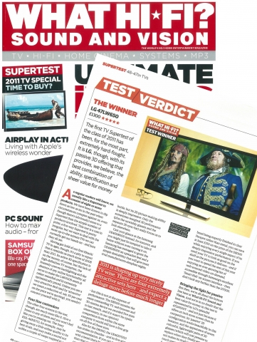 영국에서 발행하는 세계 최고 홈엔터테인먼트 전문지「What Hi-Fi! Sound and Vision 」5월호에 LG전자 시네마 3D TV(모델명:47LW650)가 최고 평점인 별 5개를 받고 ‘테스트 승리자(Test Winner)’로 선정된 기사