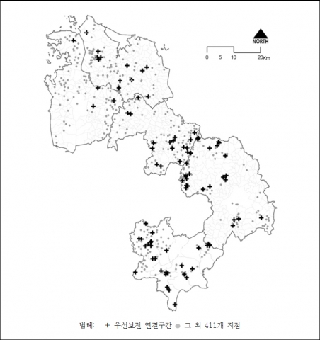 충남 공주시, 서산시, 당진군, 예산군, 부여군 등 5개 시군에서 '우선보존 연결구간'으로 선정된 89개 지점