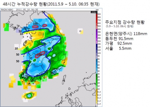 기상청 조사 누적강수량 2011년 5월 9일 부터 10일 오전 06:35
