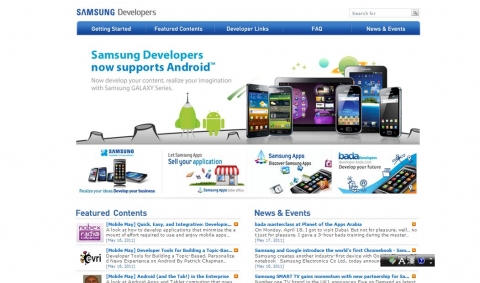 삼성전자가 앱 개발자들에게 삼성전자의 안드로이드 기기에 최적화된 개발환경과 기술을 지원하는 '삼성 안드로이드 개발자 포럼' 웹사이트.