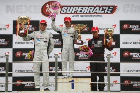 쉐보레 레이싱팀, '2011 티빙 슈퍼레이스' 우승 행진! 26일, 강원도 태백레이싱 파크에서 열린 ‘2011 티빙슈퍼레이스 챔피언십’ 3라운드 슈퍼2000클래스에서 장마로 인한 수중전 속에서도 ‘크루즈(Cruze) 1.8 가솔린 레이싱카’로 이재우, 김진표 선수가 나란히 1, 2위를 기록하며, 5년 연속 챔피언십 우승을 향한 순항을 이어갔다. 사진은 1위를 차지한 쉐보레 레이싱팀 이재우 감독겸 선수(가운데)와 2등 김진표 선수(왼쪽), 그리고 3등 스토머레이싱팀 서승범 선수(오른쪽)가 우승 트로피를 들고 기뻐하고 있다.