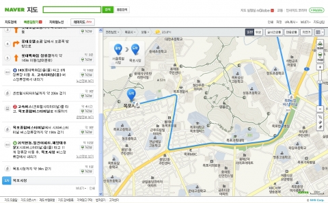 목포시내 대중교통 길찾기 결과 화면