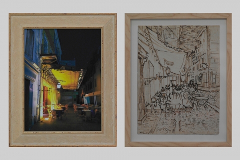 부산 해운대문화회관 반고흐전에서는 고흐가 그렸던 &#039;빔의 카페테리아&#039;현존 건물의 사진과 고흐가 당시 스케치한 작품이 공개됐다
