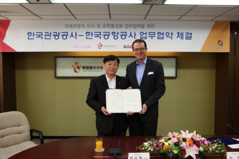 한국관광공사-공항공사 MOU 체결사진 (왼쪽부터 한국공항공사 성시철 사장, 한국관광공사 이참 사장)