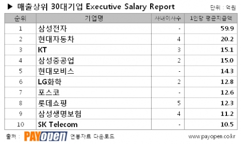 매출 상위 10개 기업 사내이사 평균연봉정보