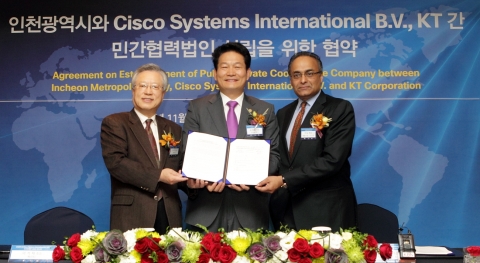 (왼쪽부터)KT 이석채 회장과 송영길 인천시장, 시스코 아닐 메논 S+CC 및 글로벌라이제이션 총괄사장은 22일 서울시 강남구 봉은사로 인터컨티넨탈 서울 코엑스에서 인천경제자유구역