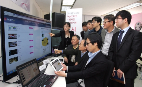 스마트폰으로 오디오·비디오(A/V) 콘텐츠를 1Gbps급으로 전송해 집 안의 HDTV로 즐기고 있는 모습.