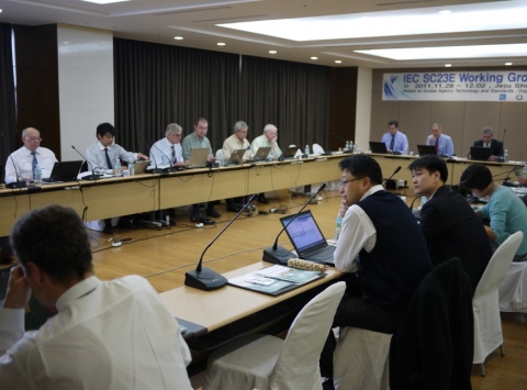 IEC(국제전기기술위원회) TC/SC23E의 워킹그룹(Working Group) 회의에서 한국측 수석대표인 한국전기연구원 안상필 박사(앞줄 왼쪽 3번째)를 포함한 14개국의 23명의 전문가가 열띤 표준화 토론을 실시했다.