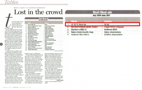 최근 세계적 브랜드 평가 전문 회사인 밀워드 브라운(Millward Brown) 남아공 지사는 현지 소비자들이 가장 선호하는 광고(Best Liked Ad's)에 LG전자