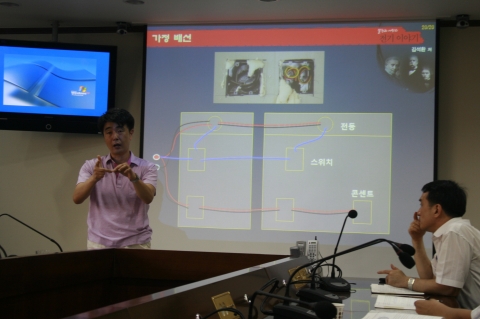 김석환 박사가 전기연구원 내부직원들을 대상으로 플레밍의 오른손의 법칙에 대해 설명하고 있다.