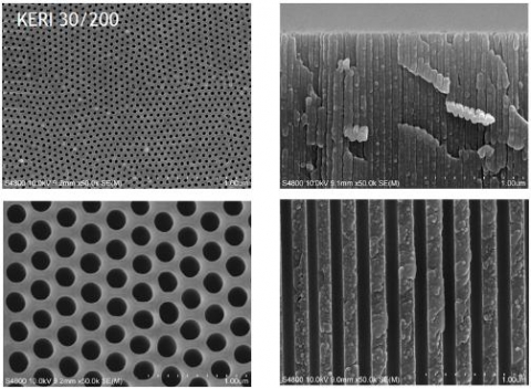 고전계 양극산화 장치로 제작된 비대칭 나노멤브레인(상부 30 nm. 하부 200 nm)
