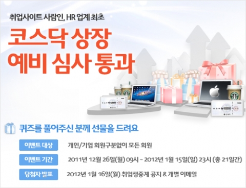온라인 취업포털 사람인은 업계 최초로 코스닥 상장 예비심사에 통과한 것을 기념하여 고객 감사 이벤트를 실시한다고 27일 밝혔다.