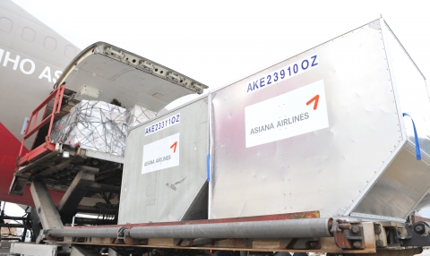 임진년 새해 첫 출국 화물편인 아시아나항공의 OZ3931편이 지난 12월 31일 인천공항 아시아나 화물청사에서 수출 화물을 탑재하고 있다.